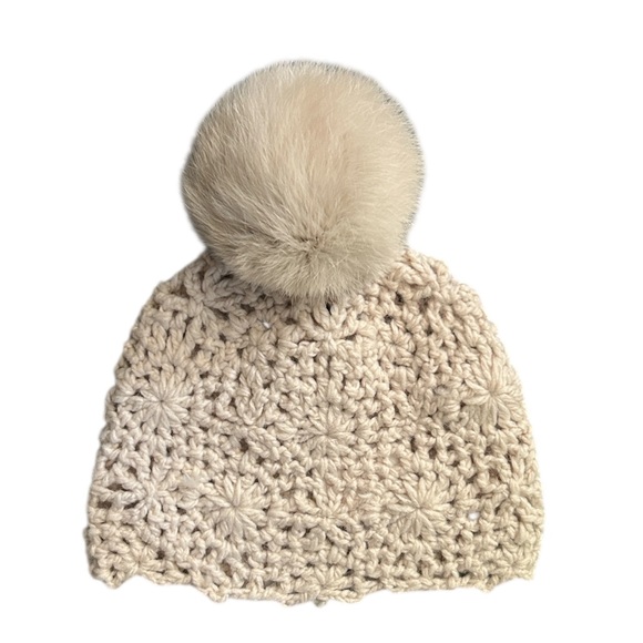 Shiraleah Crochet Beanie Cap with Genuine Rabbit Pom Pom in Creamy Beige O/S